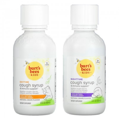 Burt's Bees, Kids, Сироп от кашля днем / ночью и поддержка иммунитета, комбинированная упаковка, натуральный виноград, 2 упаковки, 4 жидких унции (118 мл) каждая Burt's Bees, Kids, Сироп от кашля днем / ночью и поддержка иммунитета, комбинированная упаковка, натуральный виноград, 2 упаковки, 4 жидких унции (118 мл) каждая